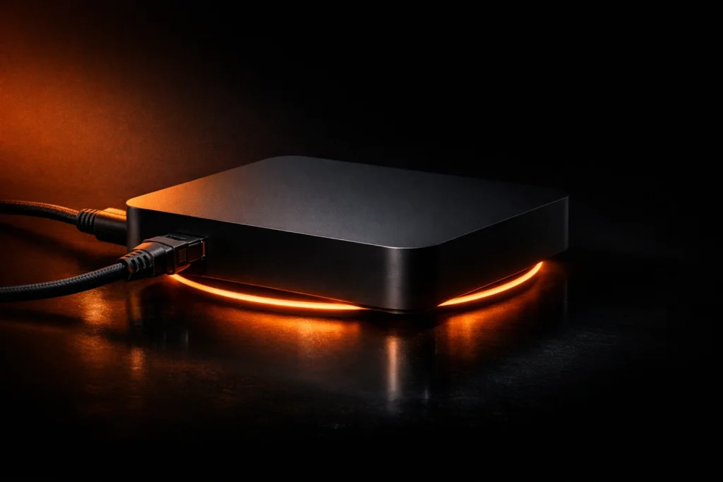 Vergelijking van vier IPTV box types naast elkaar op donkere ondergrond met oranje LED-gloed