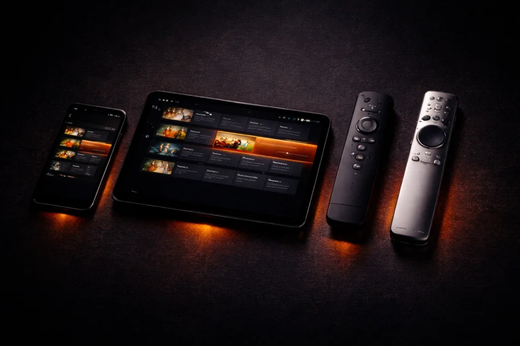 Vier apparaten met IPTV Smarters Pro interface — smartphone, tablet, Firestick en Smart TV afstandsbediening op donkere ondergrond