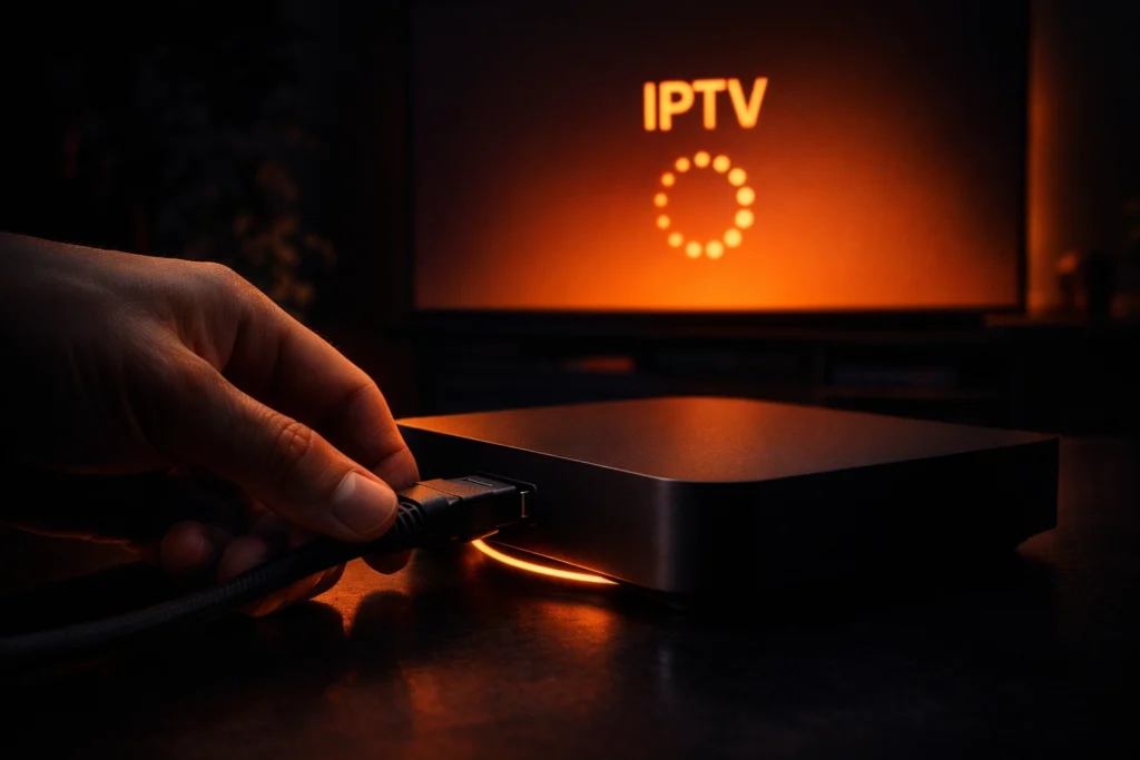 Vergelijking van vier IPTV box types naast elkaar op donkere ondergrond met oranje LED-gloed