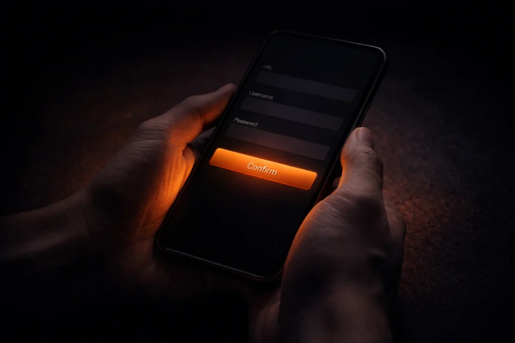 Handen houden smartphone vast met IPTV Smarters Pro inlogscherm voor Xtream Codes instelling