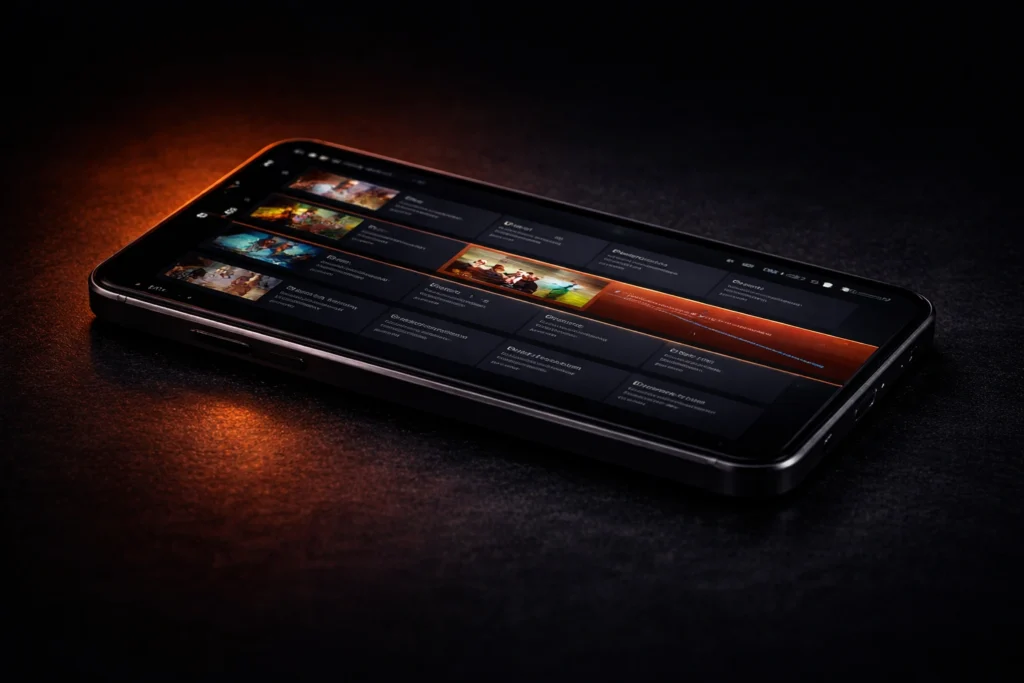 Smartphone met IPTV Smarters Pro app-interface op donker scherm met oranje kanaalmarkering