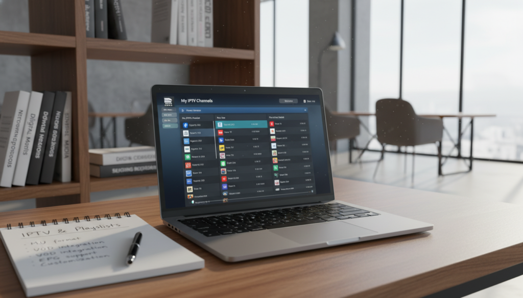 A digital workspace environment showcasing M3U playlists in action. In the foreground, a sleek laptop displaying a user-friendly media player interface with visible M3U playlist options. Nearby, a notepad with handwritten notes on IPTV and playlist features rests next to the laptop. In the middle ground, a soft-focus bookshelf filled with technology books, emphasizing knowledge and learning. The background features a modern office with a large window allowing natural light to pour in, creating a warm and inviting atmosphere. The lighting is bright yet soft, enhancing clarity. The angle is a slightly elevated perspective, providing a comprehensive view of the workspace. Overall, the mood is professional and focused, ideal for illustrating the practical use of M3U playlists. A digital workspace environment showcasing M3U playlists in action. In the foreground, a sleek laptop displaying a user-friendly media player interface with visible M3U playlist options. Nearby, a notepad with handwritten notes on IPTV and playlist features rests next to the laptop. In the middle ground, a soft-focus bookshelf filled with technology books, emphasizing knowledge and learning. The background features a modern office with a large window allowing natural light to pour in, creating a warm and inviting atmosphere. The lighting is bright yet soft, enhancing clarity. The angle is a slightly elevated perspective, providing a comprehensive view of the workspace. Overall, the mood is professional and focused, ideal for illustrating the practical use of M3U playlists.
