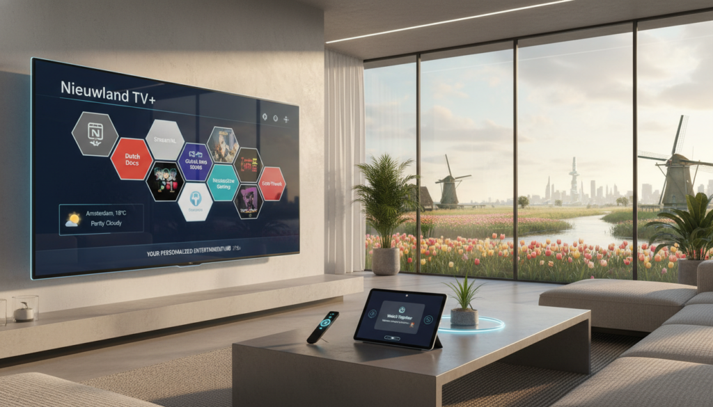 A futuristic living room in the Netherlands, showcasing high-tech IPTV features and content offerings for 2026. In the foreground, a sleek smart TV displays a vibrant, user-friendly interface with various streaming options and genres visible, emphasizing accessibility and convenience. In the middle, a modern coffee table holds a remote control and a tablet, symbolizing the integration of devices for a seamless viewing experience. The background features large windows revealing a serene Dutch landscape, enhancing the cozy atmosphere. Soft natural light streams in, giving a warm glow to the space. The overall mood is inspiring and innovative, highlighting the future of entertainment in a stylish and comfortable home setting. A futuristic living room in the Netherlands, showcasing high-tech IPTV features and content offerings for 2026. In the foreground, a sleek smart TV displays a vibrant, user-friendly interface with various streaming options and genres visible, emphasizing accessibility and convenience. In the middle, a modern coffee table holds a remote control and a tablet, symbolizing the integration of devices for a seamless viewing experience. The background features large windows revealing a serene Dutch landscape, enhancing the cozy atmosphere. Soft natural light streams in, giving a warm glow to the space. The overall mood is inspiring and innovative, highlighting the future of entertainment in a stylish and comfortable home setting.