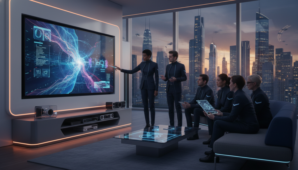 A futuristic living room with a large ultra-high-definition (4K) television mounted on the wall, showcasing vibrant colors and crystal-clear streaming content. In the foreground, a group of diverse professionals in smart business attire engage with each other, discussing technology while pointing at the screen. The middle ground features sleek furniture and a modern entertainment setup, with ambient LED lighting casting a warm glow. The background includes large windows revealing a city skyline during dusk, enhancing the high-tech atmosphere. The scene is illuminated with soft, natural light, creating a comfortable yet sophisticated mood, perfect for a focused discussion on technology and quality in streaming. A futuristic living room with a large ultra-high-definition (4K) television mounted on the wall, showcasing vibrant colors and crystal-clear streaming content. In the foreground, a group of diverse professionals in smart business attire engage with each other, discussing technology while pointing at the screen. The middle ground features sleek furniture and a modern entertainment setup, with ambient LED lighting casting a warm glow. The background includes large windows revealing a city skyline during dusk, enhancing the high-tech atmosphere. The scene is illuminated with soft, natural light, creating a comfortable yet sophisticated mood, perfect for a focused discussion on technology and quality in streaming.