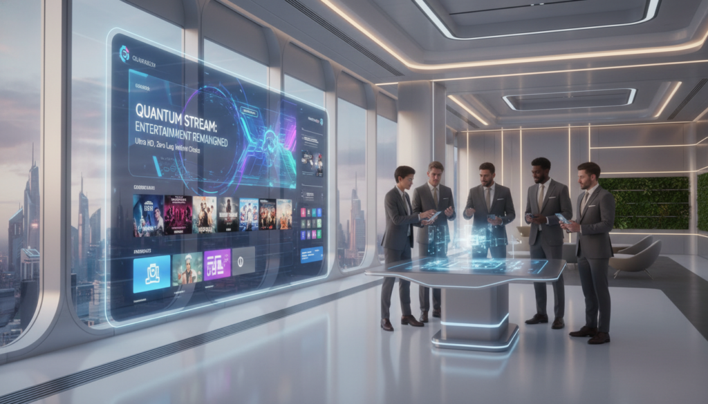 A futuristic office environment showcasing innovative IPTV technology and high-quality entertainment systems. In the foreground, a sleek digital display screen illustrates vibrant graphics of streaming options, showcasing a variety of films and shows. In the middle ground, a diverse group of professionals in smart business attire are engaged in discussion, utilizing tablets and smart devices, their expressions focused and excited. The background features a modern design aesthetic with soft, ambient lighting and large windows letting in natural light, creating a welcoming atmosphere. The overall mood conveys advancement, collaboration, and a bright future for technology, emphasizing quality and innovation in the IPTV landscape. A futuristic office environment showcasing innovative IPTV technology and high-quality entertainment systems. In the foreground, a sleek digital display screen illustrates vibrant graphics of streaming options, showcasing a variety of films and shows. In the middle ground, a diverse group of professionals in smart business attire are engaged in discussion, utilizing tablets and smart devices, their expressions focused and excited. The background features a modern design aesthetic with soft, ambient lighting and large windows letting in natural light, creating a welcoming atmosphere. The overall mood conveys advancement, collaboration, and a bright future for technology, emphasizing quality and innovation in the IPTV landscape.