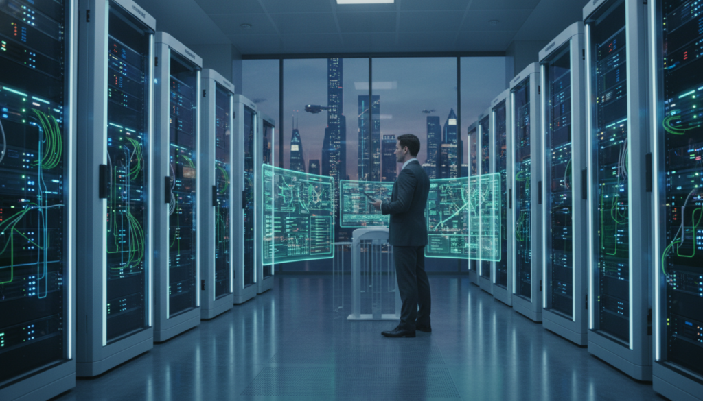 A futuristic server room showcasing advanced IPTV technology, with sleek rows of servers glowing in blue and green LED lights, emphasizing performance and reliability. In the foreground, a technician in professional business attire is monitoring several digital screens displaying real-time performance metrics and connectivity data. The middle section highlights intricate server racks, with fiber optic cables and data routers, illustrating high-speed connections. In the background, large windows reveal a skyline of modern architecture, suggesting a progressive and tech-savvy environment. The image is shot from a slight low angle to convey the scale and importance of the technology, illuminated by cool, dynamic lighting that creates a professional and efficient atmosphere. A futuristic server room showcasing advanced IPTV technology, with sleek rows of servers glowing in blue and green LED lights, emphasizing performance and reliability. In the foreground, a technician in professional business attire is monitoring several digital screens displaying real-time performance metrics and connectivity data. The middle section highlights intricate server racks, with fiber optic cables and data routers, illustrating high-speed connections. In the background, large windows reveal a skyline of modern architecture, suggesting a progressive and tech-savvy environment. The image is shot from a slight low angle to convey the scale and importance of the technology, illuminated by cool, dynamic lighting that creates a professional and efficient atmosphere.