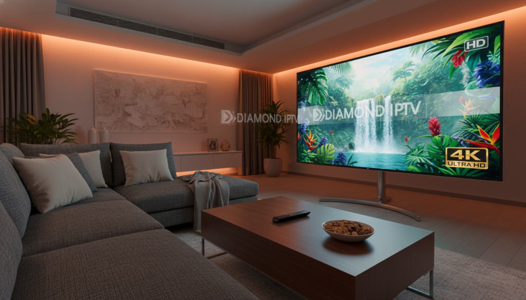A high-definition living room scene featuring a sleek, modern television displaying vibrant streaming content, showcasing Diamond IPTV's high-quality visuals in both HD and 4K resolution. In the foreground, a comfortable sofa with plush cushions invites viewers to relax, while a stylish coffee table holds a remote control and snacks. In the middle, the television screen is vividly lit, highlighting rich colors and sharp details of streaming graphics. The background consists of softly glowing ambient lighting, enhancing the cozy atmosphere of the room. The setup is viewed from a low angle, emphasizing the immersive experience. The overall mood is inviting and tech-savvy, making it ideal for demonstrating premium streaming quality without any distractions or text. A high-definition living room scene featuring a sleek, modern television displaying vibrant streaming content, showcasing Diamond IPTV's high-quality visuals in both HD and 4K resolution. In the foreground, a comfortable sofa with plush cushions invites viewers to relax, while a stylish coffee table holds a remote control and snacks. In the middle, the television screen is vividly lit, highlighting rich colors and sharp details of streaming graphics. The background consists of softly glowing ambient lighting, enhancing the cozy atmosphere of the room. The setup is viewed from a low angle, emphasizing the immersive experience. The overall mood is inviting and tech-savvy, making it ideal for demonstrating premium streaming quality without any distractions or text.