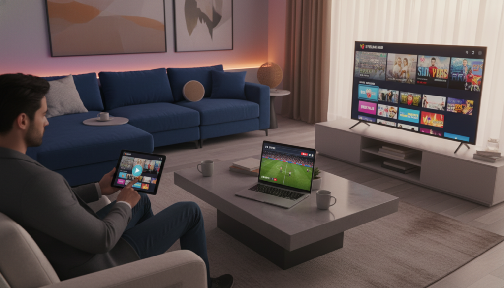 A modern, high-tech living room scene illustrating the application of IPTV on various devices. In the foreground, a sleek smart TV displays a vibrant streaming interface. Nearby, a tablet shows a similar content stream, with a person, dressed in professional casual attire, interacting with it. In the middle ground, a laptop is open on a stylish coffee table, showcasing a live broadcast. The background features a comfortable sofa with a wireless speaker and colorful ambient lighting, creating an engaging atmosphere. Utilize soft, warm lighting to enhance the cozy feel, and capture the scene from a slightly elevated angle to give a comprehensive view of the devices in action. Focus on a clean, modern aesthetic with a touch of warmth, evoking a sense of connectivity and convenience in home entertainment. A modern, high-tech living room scene illustrating the application of IPTV on various devices. In the foreground, a sleek smart TV displays a vibrant streaming interface. Nearby, a tablet shows a similar content stream, with a person, dressed in professional casual attire, interacting with it. In the middle ground, a laptop is open on a stylish coffee table, showcasing a live broadcast. The background features a comfortable sofa with a wireless speaker and colorful ambient lighting, creating an engaging atmosphere. Utilize soft, warm lighting to enhance the cozy feel, and capture the scene from a slightly elevated angle to give a comprehensive view of the devices in action. Focus on a clean, modern aesthetic with a touch of warmth, evoking a sense of connectivity and convenience in home entertainment.