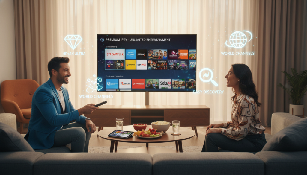A modern living room featuring a sleek television displaying various streaming options, symbolizing premium IPTV services. In the foreground, a professional-looking couple, dressed in smart casual attire, enthusiastically interacts with a remote control, surrounded by digital icons representing benefits like high-quality streaming, a wide variety of channels, and easy navigation. The middle ground showcases a stylish coffee table with snacks and drinks, reflecting a cozy, inviting atmosphere. The background displays a large window with natural light streaming in, and soft, warm tones fill the room. Use a slightly elevated angle to capture the full essence of the setting. The mood should feel vibrant and engaging, emphasizing the advantages of premium IPTV. A modern living room featuring a sleek television displaying various streaming options, symbolizing premium IPTV services. In the foreground, a professional-looking couple, dressed in smart casual attire, enthusiastically interacts with a remote control, surrounded by digital icons representing benefits like high-quality streaming, a wide variety of channels, and easy navigation. The middle ground showcases a stylish coffee table with snacks and drinks, reflecting a cozy, inviting atmosphere. The background displays a large window with natural light streaming in, and soft, warm tones fill the room. Use a slightly elevated angle to capture the full essence of the setting. The mood should feel vibrant and engaging, emphasizing the advantages of premium IPTV.