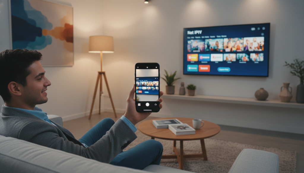 A modern living room scene featuring a sleek television displaying the Net IPTV app interface, showcasing vibrant thumbnails of various streaming options. In the foreground, a young adult in business casual attire is interacting with a smartphone, capturing the essence of a user experience. Soft, warm lighting emphasizes a cozy atmosphere, while the background reveals a stylish sofa and decorative elements that suggest a welcoming environment. A subtle depth of field effect gives focus to the smartphone and TV screen, with an inviting blend of colors that conveys a sense of modern technology in everyday life. Highlight a sense of engagement and enjoyment in exploring entertainment options. A modern living room scene featuring a sleek television displaying the Net IPTV app interface, showcasing vibrant thumbnails of various streaming options. In the foreground, a young adult in business casual attire is interacting with a smartphone, capturing the essence of a user experience. Soft, warm lighting emphasizes a cozy atmosphere, while the background reveals a stylish sofa and decorative elements that suggest a welcoming environment. A subtle depth of field effect gives focus to the smartphone and TV screen, with an inviting blend of colors that conveys a sense of modern technology in everyday life. Highlight a sense of engagement and enjoyment in exploring entertainment options.