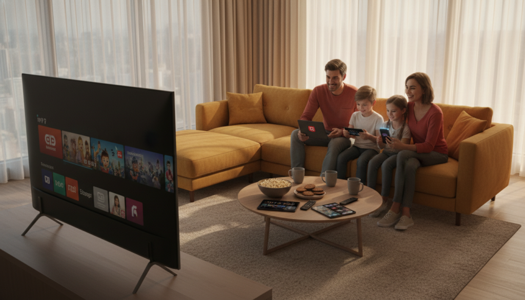 A modern living room scene showcasing a multi-screen experience with various devices. In the foreground, a sleek smart TV displays vibrant IPTV content, with a family enjoying a movie together. Nearby, tablets and smartphones show streaming apps, creating a sense of compatibility across devices. The middle ground features a stylish coffee table cluttered with remote controls and snacks, emphasizing a casual yet engaging atmosphere. The background depicts large windows with natural light flooding in, illuminating the space beautifully. Use a warm color palette to evoke comfort and togetherness. Capture the scene with a slightly elevated angle to encompass the dynamic interaction between family members and their devices, highlighting the joy of shared viewing experiences in a tech-savvy home. A modern living room scene showcasing a multi-screen experience with various devices. In the foreground, a sleek smart TV displays vibrant IPTV content, with a family enjoying a movie together. Nearby, tablets and smartphones show streaming apps, creating a sense of compatibility across devices. The middle ground features a stylish coffee table cluttered with remote controls and snacks, emphasizing a casual yet engaging atmosphere. The background depicts large windows with natural light flooding in, illuminating the space beautifully. Use a warm color palette to evoke comfort and togetherness. Capture the scene with a slightly elevated angle to encompass the dynamic interaction between family members and their devices, highlighting the joy of shared viewing experiences in a tech-savvy home.