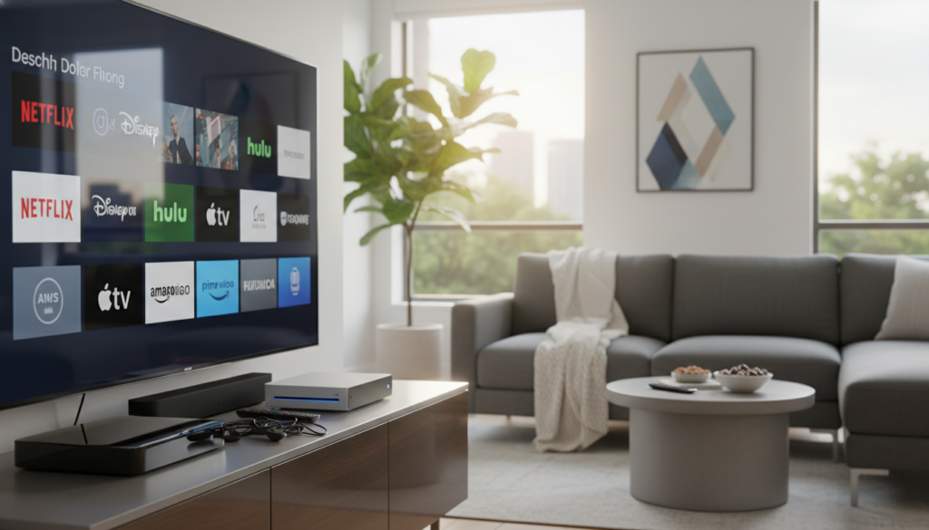 A modern living room setting featuring a sleek TV displaying various streaming service logos. In the foreground, multiple compatible devices are arranged elegantly on a stylish media console, including a smart TV, streaming box, and gaming console. The middle ground showcases a plush sofa with a cozy blanket and a coffee table with a remote control and snacks. In the background, large windows let in soft, natural light, creating a warm and inviting atmosphere. The room is decorated with contemporary art and indoor plants, enhancing the homey vibe while emphasizing technology. The scene is captured with a shallow depth of field to focus on the devices while softly blurring the background, invoking a sense of compatibility and modern living. A modern living room setting featuring a sleek TV displaying various streaming service logos. In the foreground, multiple compatible devices are arranged elegantly on a stylish media console, including a smart TV, streaming box, and gaming console. The middle ground showcases a plush sofa with a cozy blanket and a coffee table with a remote control and snacks. In the background, large windows let in soft, natural light, creating a warm and inviting atmosphere. The room is decorated with contemporary art and indoor plants, enhancing the homey vibe while emphasizing technology. The scene is captured with a shallow depth of field to focus on the devices while softly blurring the background, invoking a sense of compatibility and modern living.