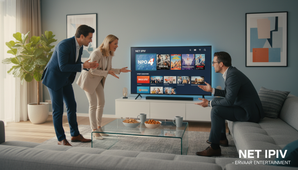 A modern living room setting, featuring a sleek smart TV displaying an immersive IPTV interface with vibrant thumbnails of popular shows and channels. In the foreground, a diverse group of three adults in professional business attire are sitting on a comfortable couch, engaged in animated discussion, pointing towards the TV. The room is bathed in soft, natural light coming from a large window, creating a warm and inviting atmosphere. In the background, stylish decor elements such as a plant, a coffee table with snacks, and modern artwork on the walls enhance the scene. The overall mood is energetic and informative, conveying the excitement of using Net IPTV in the Netherlands. Shot from a slightly elevated angle to capture the interaction and the central TV display effectively. A modern living room setting, featuring a sleek smart TV displaying an immersive IPTV interface with vibrant thumbnails of popular shows and channels. In the foreground, a diverse group of three adults in professional business attire are sitting on a comfortable couch, engaged in animated discussion, pointing towards the TV. The room is bathed in soft, natural light coming from a large window, creating a warm and inviting atmosphere. In the background, stylish decor elements such as a plant, a coffee table with snacks, and modern artwork on the walls enhance the scene. The overall mood is energetic and informative, conveying the excitement of using Net IPTV in the Netherlands. Shot from a slightly elevated angle to capture the interaction and the central TV display effectively.