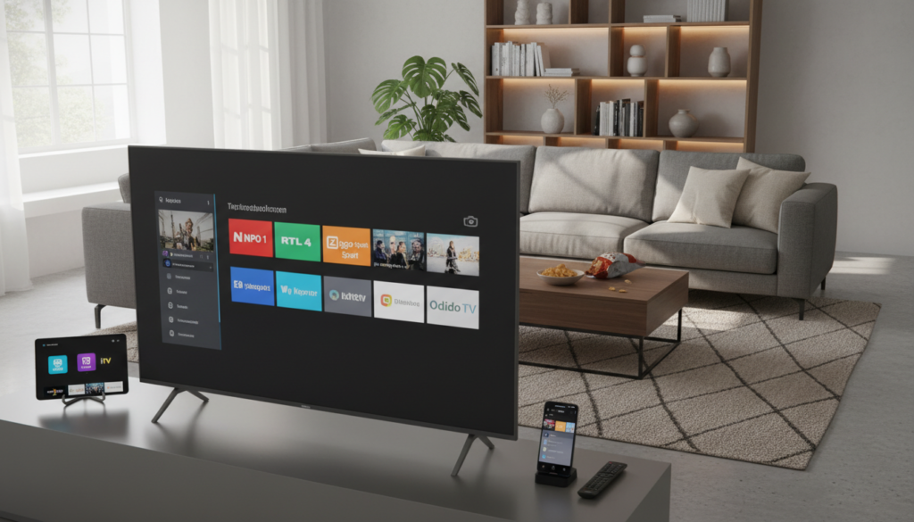 A modern living room setting showcasing a diverse array of devices compatible with Dutch IPTV services. In the foreground, a sleek smart TV displays a vibrant IPTV interface with various channels. Beside it, a tablet and smartphone with streaming apps visible. The middle ground features a comfortable sofa with plush cushions and a stylish coffee table cluttered with remote controls and snacks. The background includes a stylish bookshelf and warm decorative lighting, creating a cozy atmosphere. Use natural light filtering through a window, casting soft shadows, to enhance the inviting vibe. Capture the scene from a slightly elevated angle to showcase the devices clearly and emphasize the compatibility theme in a visually appealing way. A modern living room setting showcasing a diverse array of devices compatible with Dutch IPTV services. In the foreground, a sleek smart TV displays a vibrant IPTV interface with various channels. Beside it, a tablet and smartphone with streaming apps visible. The middle ground features a comfortable sofa with plush cushions and a stylish coffee table cluttered with remote controls and snacks. The background includes a stylish bookshelf and warm decorative lighting, creating a cozy atmosphere. Use natural light filtering through a window, casting soft shadows, to enhance the inviting vibe. Capture the scene from a slightly elevated angle to showcase the devices clearly and emphasize the compatibility theme in a visually appealing way.