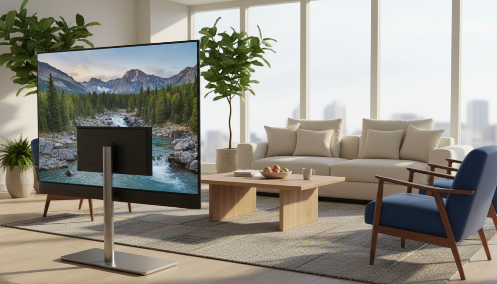 A modern living room setting showcasing the advantages of premium IPTV services. In the foreground, a sleek smart TV displays vibrant high-definition content, with a remote control resting on a stylish coffee table. In the middle, comfortable, elegantly designed furniture surrounds the space, inviting users to relax. Potted plants add a touch of greenery and warmth. The background features a large window with soft natural light flooding in, casting gentle shadows and creating a cozy atmosphere. The mood reflects comfort and convenience, portraying the ease of entertainment with premium IPTV services. Use bright, inviting colors and a wide-angle lens perspective to emphasize the spaciousness of the room. A modern living room setting showcasing the advantages of premium IPTV services. In the foreground, a sleek smart TV displays vibrant high-definition content, with a remote control resting on a stylish coffee table. In the middle, comfortable, elegantly designed furniture surrounds the space, inviting users to relax. Potted plants add a touch of greenery and warmth. The background features a large window with soft natural light flooding in, casting gentle shadows and creating a cozy atmosphere. The mood reflects comfort and convenience, portraying the ease of entertainment with premium IPTV services. Use bright, inviting colors and a wide-angle lens perspective to emphasize the spaciousness of the room.