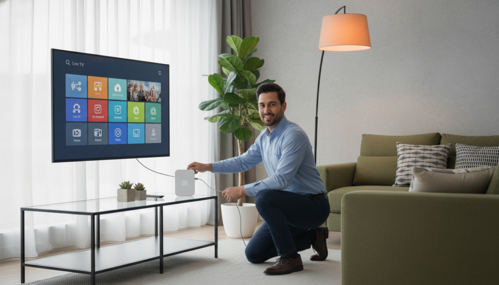 A modern living room setup showcasing the installation and user-friendliness of digital television. In the foreground, a sleek TV mounted on a wall displays a vibrant user interface of an IPTV app, surrounded by decorative plants and a stylish coffee table. In the middle layer, a professional person, dressed in smart casual attire, connects the TV to the internet router using a sleek cable, exuding a sense of ease and confidence. The background features a cozy sofa and an ambient floor lamp casting warm light, creating a welcoming atmosphere. The scene is illuminated with soft, natural lighting streaming in from a window, emphasizing a tranquil and organized living space, suggesting simplicity and accessibility in technology. A modern living room setup showcasing the installation and user-friendliness of digital television. In the foreground, a sleek TV mounted on a wall displays a vibrant user interface of an IPTV app, surrounded by decorative plants and a stylish coffee table. In the middle layer, a professional person, dressed in smart casual attire, connects the TV to the internet router using a sleek cable, exuding a sense of ease and confidence. The background features a cozy sofa and an ambient floor lamp casting warm light, creating a welcoming atmosphere. The scene is illuminated with soft, natural lighting streaming in from a window, emphasizing a tranquil and organized living space, suggesting simplicity and accessibility in technology.