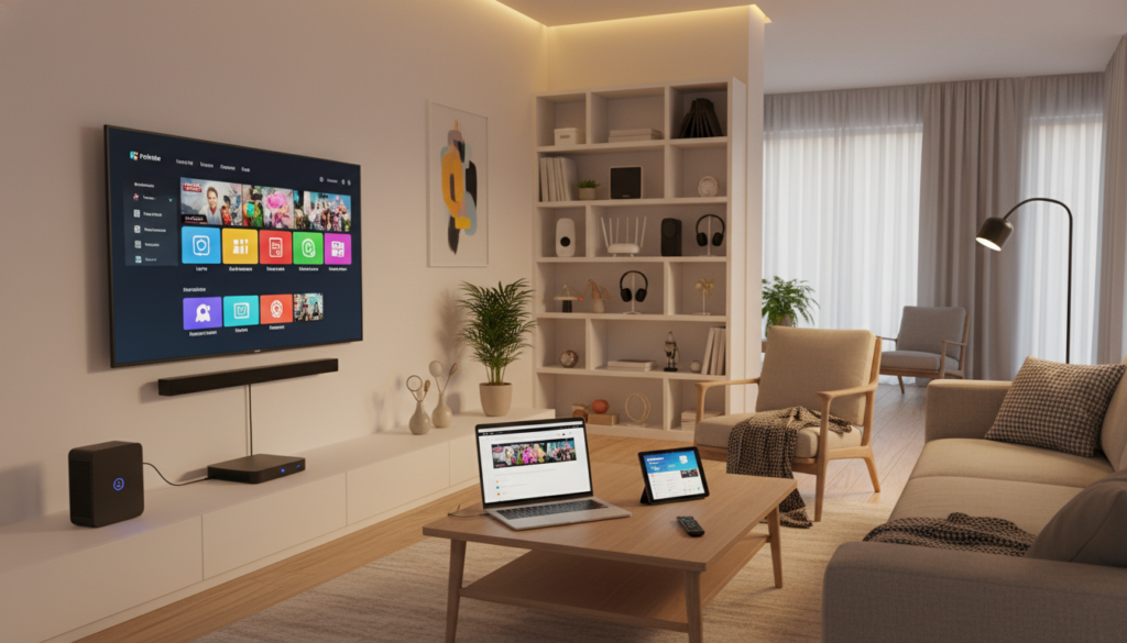 A modern living room setup showcasing various devices compatible with IPTV installations. In the foreground, a sleek smart television displaying vivid colors and an IPTV interface is flanked by a streaming device and a remote control. The middle ground features a minimalist coffee table with a laptop and a tablet alongside the TV, emphasizing versatile connectivity. In the background, a stylish bookshelf with tech gadgets and a modern router suggests seamless integration into home networks. Ambient lighting enhances the inviting atmosphere, with soft warm tones that create a cozy environment. A wide-angle perspective captures the room's spaciousness, highlighting the harmony between technology and lifestyle. The overall mood is professional yet relaxed, perfect for a modern home embracing entertainment technology. A modern living room setup showcasing various devices compatible with IPTV installations. In the foreground, a sleek smart television displaying vivid colors and an IPTV interface is flanked by a streaming device and a remote control. The middle ground features a minimalist coffee table with a laptop and a tablet alongside the TV, emphasizing versatile connectivity. In the background, a stylish bookshelf with tech gadgets and a modern router suggests seamless integration into home networks. Ambient lighting enhances the inviting atmosphere, with soft warm tones that create a cozy environment. A wide-angle perspective captures the room's spaciousness, highlighting the harmony between technology and lifestyle. The overall mood is professional yet relaxed, perfect for a modern home embracing entertainment technology.