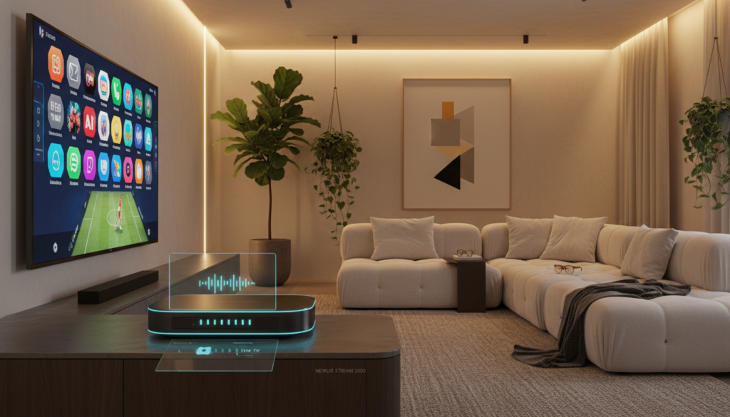 A modern living room showcasing a high-tech IPTV setup in the year 2026. In the foreground, a sleek, minimalist media console displays a sophisticated IPTV device with glowing LED indicators. To the left, a premium smart TV with a vibrant interface shows various streaming options. The middle of the scene features a soft, comfortable sofa adorned with plush cushions, emphasizing a cozy viewing experience. The background shows a stylish, well-lit room with contemporary decor, including smart lighting and decorative plants. Use warm lighting to create an inviting atmosphere. Capture the image from a slightly angled perspective to highlight both the IPTV device and the TV, conveying a sense of cutting-edge technology and modern living. A modern living room showcasing a high-tech IPTV setup in the year 2026. In the foreground, a sleek, minimalist media console displays a sophisticated IPTV device with glowing LED indicators. To the left, a premium smart TV with a vibrant interface shows various streaming options. The middle of the scene features a soft, comfortable sofa adorned with plush cushions, emphasizing a cozy viewing experience. The background shows a stylish, well-lit room with contemporary decor, including smart lighting and decorative plants. Use warm lighting to create an inviting atmosphere. Capture the image from a slightly angled perspective to highlight both the IPTV device and the TV, conveying a sense of cutting-edge technology and modern living.