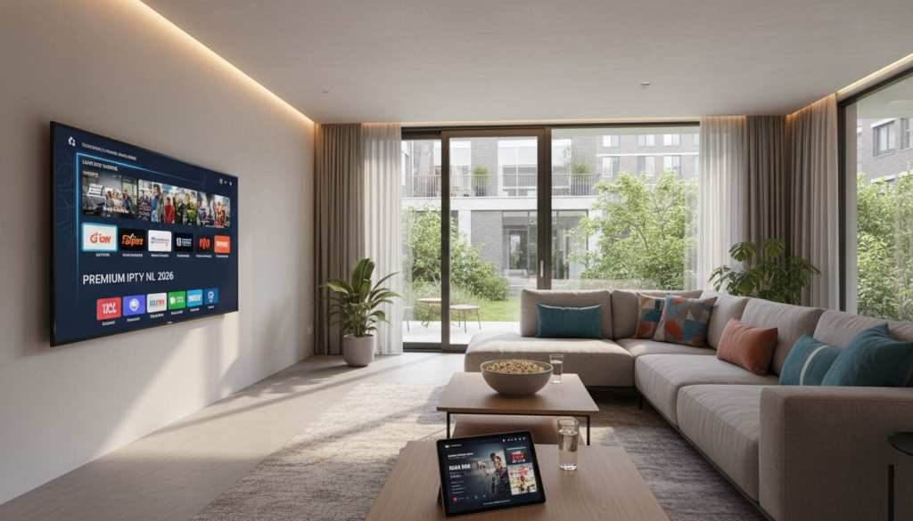 A modern living room showcasing the benefits of premium IPTV subscriptions in the Netherlands for 2026. In the foreground, a sleek smart TV displays a vibrant interface filled with diverse streaming options. A comfortable sofa, elegantly arranged with stylish cushions, invites viewers to relax and enjoy. In the middle ground, a small coffee table holds a bowl of popcorn and a tablet, illustrating convenience and entertainment. The background features large windows allowing natural light to flood the room, with greenery outside enhancing the inviting atmosphere. The scene is lit warmly, creating a cozy yet sophisticated mood. Use a wide-angle perspective to capture the entire setting, emphasizing a professional and modern ambiance suitable for a tech-savvy audience. A modern living room showcasing the benefits of premium IPTV subscriptions in the Netherlands for 2026. In the foreground, a sleek smart TV displays a vibrant interface filled with diverse streaming options. A comfortable sofa, elegantly arranged with stylish cushions, invites viewers to relax and enjoy. In the middle ground, a small coffee table holds a bowl of popcorn and a tablet, illustrating convenience and entertainment. The background features large windows allowing natural light to flood the room, with greenery outside enhancing the inviting atmosphere. The scene is lit warmly, creating a cozy yet sophisticated mood. Use a wide-angle perspective to capture the entire setting, emphasizing a professional and modern ambiance suitable for a tech-savvy audience.