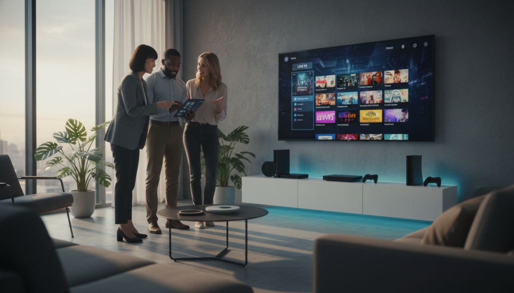 A modern, sleek living room setup featuring a large flat-screen TV displaying an IPTV interface. In the foreground, a diverse group of three professionals—an Asian woman, a Black man, and a Caucasian woman—are attentively discussing IPTV functionality, pointing at a tablet showcasing an IPTV app. The middle background shows a stylish entertainment unit with streaming devices and colorful LED lights. Sunlight filters through large windows, casting soft shadows, giving a warm, inviting atmosphere. The room is tastefully decorated with contemporary furniture, plants, and tech gadgets. The lens captures a clear, focused shot to emphasize the interaction among the individuals, creating a sense of collaboration and learning in a digital age. A modern, sleek living room setup featuring a large flat-screen TV displaying an IPTV interface. In the foreground, a diverse group of three professionals—an Asian woman, a Black man, and a Caucasian woman—are attentively discussing IPTV functionality, pointing at a tablet showcasing an IPTV app. The middle background shows a stylish entertainment unit with streaming devices and colorful LED lights. Sunlight filters through large windows, casting soft shadows, giving a warm, inviting atmosphere. The room is tastefully decorated with contemporary furniture, plants, and tech gadgets. The lens captures a clear, focused shot to emphasize the interaction among the individuals, creating a sense of collaboration and learning in a digital age.