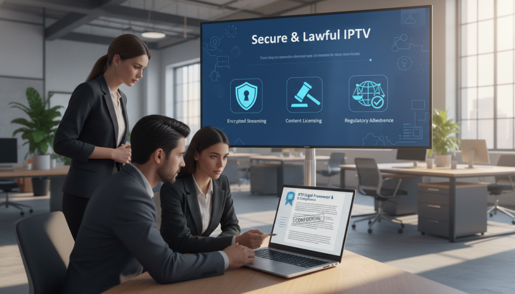 A professional office scene showcasing the concept of IPTV security and legality. In the foreground, a diverse group of three business professionals—a man in a suit and two women in professional attire—are discussing over a laptop, displaying IPTV legal documents. The middle ground features a large screen showing secure IPTV services with padlock icons and legal symbols, emphasizing compliance. The background consists of modern office decor, with large windows letting in natural light, creating a warm and trustworthy atmosphere. The lighting is balanced, casting soft shadows for a professional look. The overall mood is focused and informative, reflecting an environment of trust and reliability in IPTV services. A professional office scene showcasing the concept of IPTV security and legality. In the foreground, a diverse group of three business professionals—a man in a suit and two women in professional attire—are discussing over a laptop, displaying IPTV legal documents. The middle ground features a large screen showing secure IPTV services with padlock icons and legal symbols, emphasizing compliance. The background consists of modern office decor, with large windows letting in natural light, creating a warm and trustworthy atmosphere. The lighting is balanced, casting soft shadows for a professional look. The overall mood is focused and informative, reflecting an environment of trust and reliability in IPTV services.