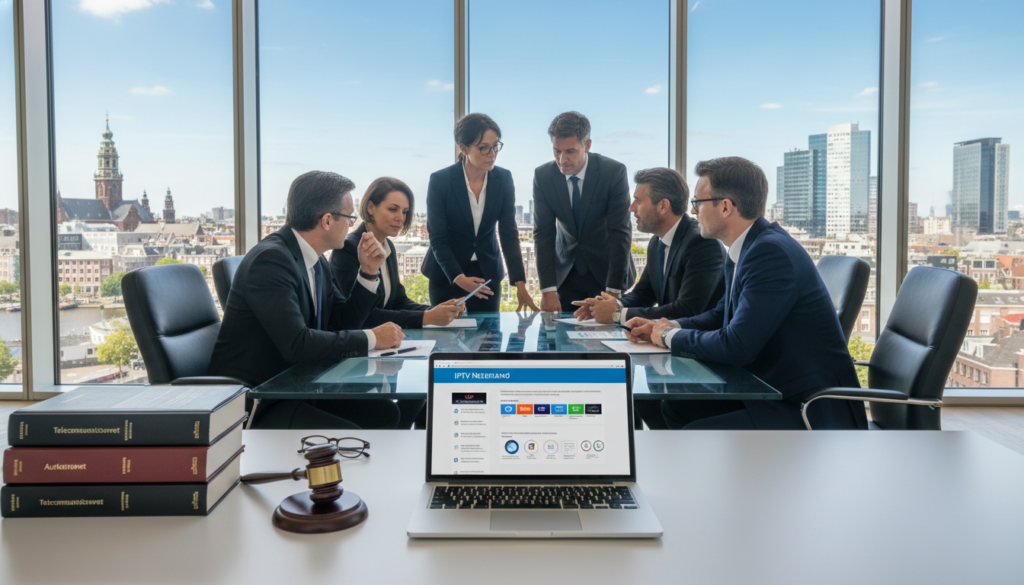 A professional setting representing the legality and guidelines for IPTV in the Netherlands. In the foreground, a modern office desk with a laptop displaying an IPTV interface, surrounded by legal documents and a gavel. In the middle layer, a diverse group of professionals in business attire discussing and analyzing IPTV regulations, their expressions focused and engaged. The background features a large window showing a cityscape of Amsterdam with iconic architecture, under a clear blue sky. Soft, natural lighting illuminates the scene, enhancing the serious yet collaborative atmosphere. The overall mood is one of professionalism and diligence, emphasizing the importance of legal compliance in the IPTV industry. A professional setting representing the legality and guidelines for IPTV in the Netherlands. In the foreground, a modern office desk with a laptop displaying an IPTV interface, surrounded by legal documents and a gavel. In the middle layer, a diverse group of professionals in business attire discussing and analyzing IPTV regulations, their expressions focused and engaged. The background features a large window showing a cityscape of Amsterdam with iconic architecture, under a clear blue sky. Soft, natural lighting illuminates the scene, enhancing the serious yet collaborative atmosphere. The overall mood is one of professionalism and diligence, emphasizing the importance of legal compliance in the IPTV industry.