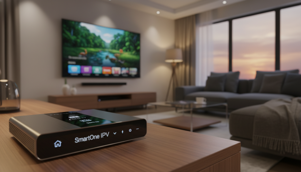 A sleek and modern SmartOne IPTV video player displayed prominently in the foreground, showcasing its elegant design with glossy finishes and intuitive interface. The device is placed on a stylish media console with a soft, warm light reflecting off its surface, creating a sophisticated ambiance. In the middle ground, a high-definition television screen displays vibrant streaming content, while a cozy living room setting enhances the viewer experience, with plush furniture and subtle decor. The background features a hint of ambient lighting, suggesting a tranquil evening atmosphere, perfect for streaming. The angle is slightly upward, emphasizing the video player while keeping the screen content in focus, highlighting the performance and compatibility of SmartOne IPTV. The mood is inviting and modern, illustrating a seamless streaming experience. A sleek and modern SmartOne IPTV video player displayed prominently in the foreground, showcasing its elegant design with glossy finishes and intuitive interface. The device is placed on a stylish media console with a soft, warm light reflecting off its surface, creating a sophisticated ambiance. In the middle ground, a high-definition television screen displays vibrant streaming content, while a cozy living room setting enhances the viewer experience, with plush furniture and subtle decor. The background features a hint of ambient lighting, suggesting a tranquil evening atmosphere, perfect for streaming. The angle is slightly upward, emphasizing the video player while keeping the screen content in focus, highlighting the performance and compatibility of SmartOne IPTV. The mood is inviting and modern, illustrating a seamless streaming experience.