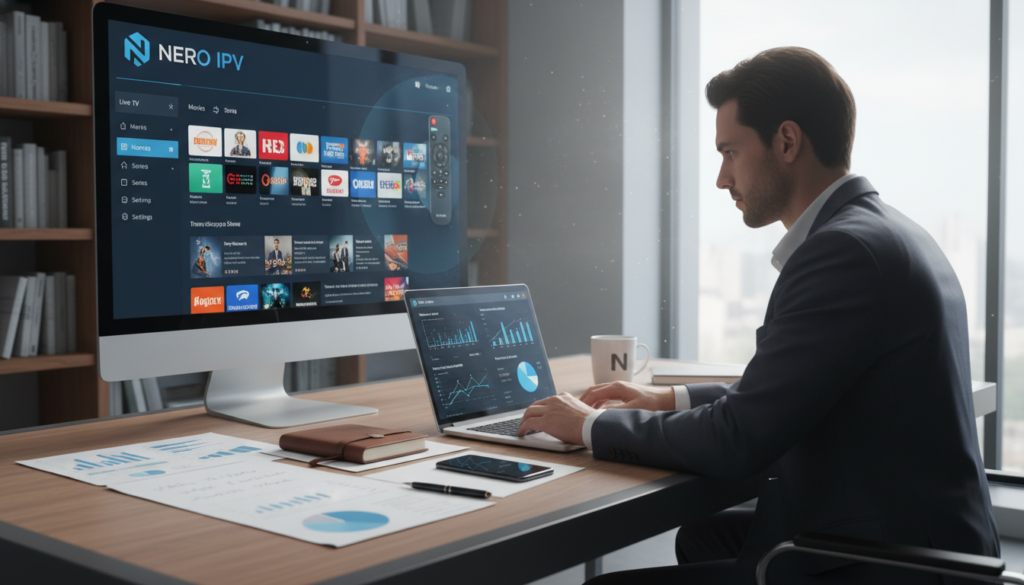 A sleek and modern workspace featuring a large computer monitor displaying the Nero IPTV interface showcasing its features prominently. In the foreground, a close-up of a professional person in business attire, analyzing the service on a laptop, surrounded by notes and charts. The middle layer should include a stylish desk with a smartphone, notepad, and a coffee cup, emphasizing a tech-savvy environment. In the background, a well-organized bookshelf with technology-themed books and a large window letting in soft, natural light, creating a bright and inviting atmosphere. Aim for a clean and polished look that conveys a sense of professionalism and reliability in the context of streaming services. The overall mood should be focused and informative, highlighting the essence of the Nero IPTV service. A sleek and modern workspace featuring a large computer monitor displaying the Nero IPTV interface showcasing its features prominently. In the foreground, a close-up of a professional person in business attire, analyzing the service on a laptop, surrounded by notes and charts. The middle layer should include a stylish desk with a smartphone, notepad, and a coffee cup, emphasizing a tech-savvy environment. In the background, a well-organized bookshelf with technology-themed books and a large window letting in soft, natural light, creating a bright and inviting atmosphere. Aim for a clean and polished look that conveys a sense of professionalism and reliability in the context of streaming services. The overall mood should be focused and informative, highlighting the essence of the Nero IPTV service.
