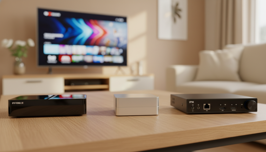 A sleek arrangement of the top IPTV boxes and receivers available in the Netherlands, displayed on a modern wooden table. In the foreground, focus on three popular IPTV models, each showcasing their unique designs: one sleek black box with glossy finish, another compact silver model with a minimalist look, and a traditional rectangular receiver with visible ports. In the middle ground, a blurred TV screen displays vibrant streaming content, hinting at their capabilities. The background features a stylish living room setting with soft ambient lighting, warm colors, and a comfortable couch, creating an inviting atmosphere. Capture the scene with a soft-focus lens, emphasizing clarity on the IPTV devices while the background gently fades, conveying a sense of modern entertainment technology thriving in a cozy home. A sleek arrangement of the top IPTV boxes and receivers available in the Netherlands, displayed on a modern wooden table. In the foreground, focus on three popular IPTV models, each showcasing their unique designs: one sleek black box with glossy finish, another compact silver model with a minimalist look, and a traditional rectangular receiver with visible ports. In the middle ground, a blurred TV screen displays vibrant streaming content, hinting at their capabilities. The background features a stylish living room setting with soft ambient lighting, warm colors, and a comfortable couch, creating an inviting atmosphere. Capture the scene with a soft-focus lens, emphasizing clarity on the IPTV devices while the background gently fades, conveying a sense of modern entertainment technology thriving in a cozy home.