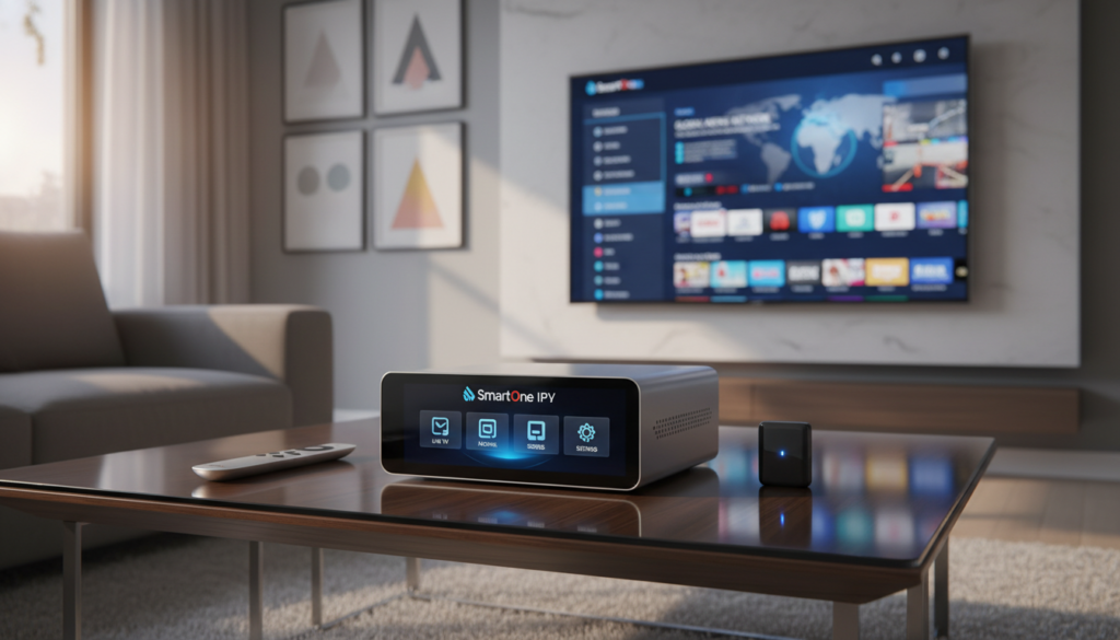 A sleek, modern SmartOne IPTV video player prominently displayed on a stylish living room coffee table. In the foreground, the video player is surrounded by a remote control and a wireless streaming device, with the player showcasing a vibrant interface on a high-definition screen in the background. Soft ambient lighting illuminates the scene, emphasizing the sleek design and smooth curves of the device. The walls have a minimalistic décor, featuring subtle colors that create a cozy yet sophisticated atmosphere. To capture the scene, use a warm light angle simulating late afternoon sunlight, achieving a polished, inviting mood that highlights cutting-edge technology and contemporary living. A sleek, modern SmartOne IPTV video player prominently displayed on a stylish living room coffee table. In the foreground, the video player is surrounded by a remote control and a wireless streaming device, with the player showcasing a vibrant interface on a high-definition screen in the background. Soft ambient lighting illuminates the scene, emphasizing the sleek design and smooth curves of the device. The walls have a minimalistic décor, featuring subtle colors that create a cozy yet sophisticated atmosphere. To capture the scene, use a warm light angle simulating late afternoon sunlight, achieving a polished, inviting mood that highlights cutting-edge technology and contemporary living.