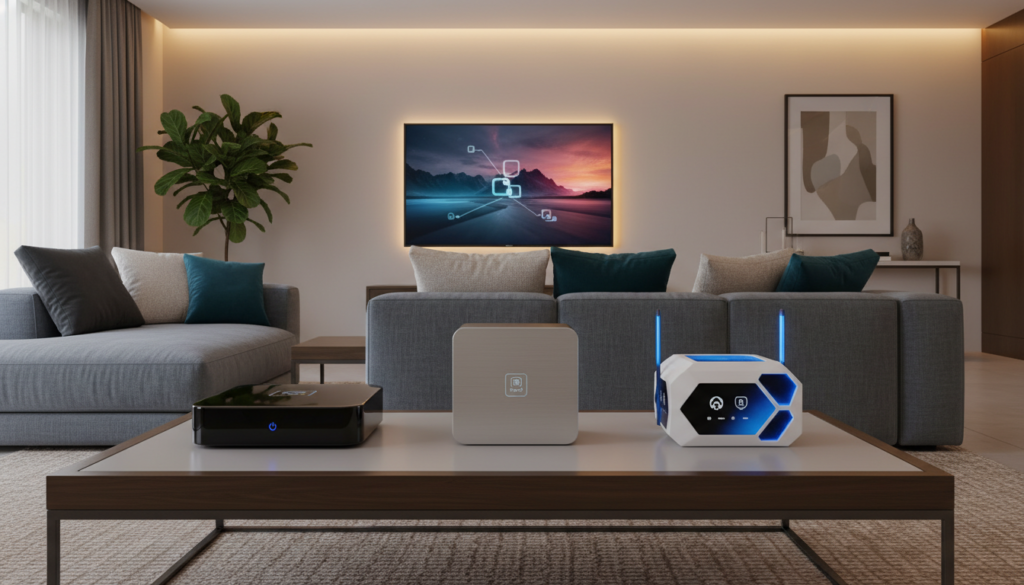 A sleek, modern living room setting showcasing three different IPTV boxes on a stylish coffee table. The foreground features the boxes arranged neatly, displaying diverse designs: one glossy black, one matte silver, and another with a futuristic look. In the middle, a comfortable couch with neatly arranged cushions and a high-quality flat-screen TV mounted on a wall, reflecting a cozy yet tech-savvy atmosphere. The background includes soft, ambient lighting that creates a warm and inviting space, with decorative elements like plants and tasteful artwork. The scene is captured from a slightly elevated angle to highlight the IPTV boxes and the overall decor, evoking a sense of innovation and modernity. A sleek, modern living room setting showcasing three different IPTV boxes on a stylish coffee table. The foreground features the boxes arranged neatly, displaying diverse designs: one glossy black, one matte silver, and another with a futuristic look. In the middle, a comfortable couch with neatly arranged cushions and a high-quality flat-screen TV mounted on a wall, reflecting a cozy yet tech-savvy atmosphere. The background includes soft, ambient lighting that creates a warm and inviting space, with decorative elements like plants and tasteful artwork. The scene is captured from a slightly elevated angle to highlight the IPTV boxes and the overall decor, evoking a sense of innovation and modernity.