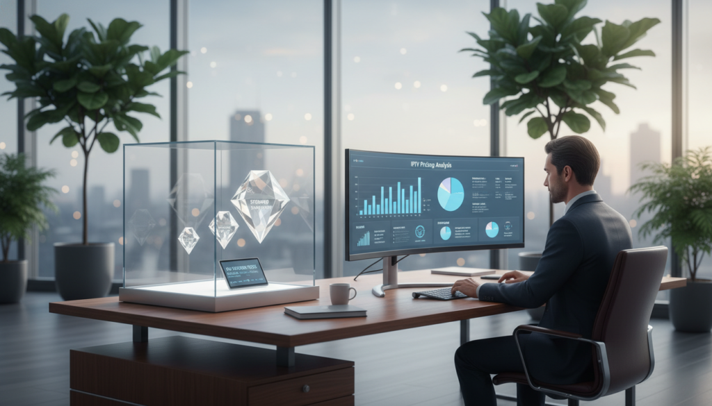 A sleek, modern office environment focused on transparent pricing strategies for IPTV services. In the foreground, a professional-looking financial analyst, dressed in business attire, sits at a polished wooden desk, analyzing graphs and charts displayed on a large screen. The middle ground features a glass display case showcasing crystal-clear diamond-shaped icons representing different subscription tiers, each with distinct pricing tags. The background is softly lit with large windows allowing natural light to stream in, with potted plants adding a touch of greenery. The atmosphere is serious yet optimistic, reflecting a sense of trust and clarity in pricing. The image should have a smooth, professional feel, with a shallow depth of field emphasizing the subjects in focus and a soft bokeh effect in the background. A sleek, modern office environment focused on transparent pricing strategies for IPTV services. In the foreground, a professional-looking financial analyst, dressed in business attire, sits at a polished wooden desk, analyzing graphs and charts displayed on a large screen. The middle ground features a glass display case showcasing crystal-clear diamond-shaped icons representing different subscription tiers, each with distinct pricing tags. The background is softly lit with large windows allowing natural light to stream in, with potted plants adding a touch of greenery. The atmosphere is serious yet optimistic, reflecting a sense of trust and clarity in pricing. The image should have a smooth, professional feel, with a shallow depth of field emphasizing the subjects in focus and a soft bokeh effect in the background.
