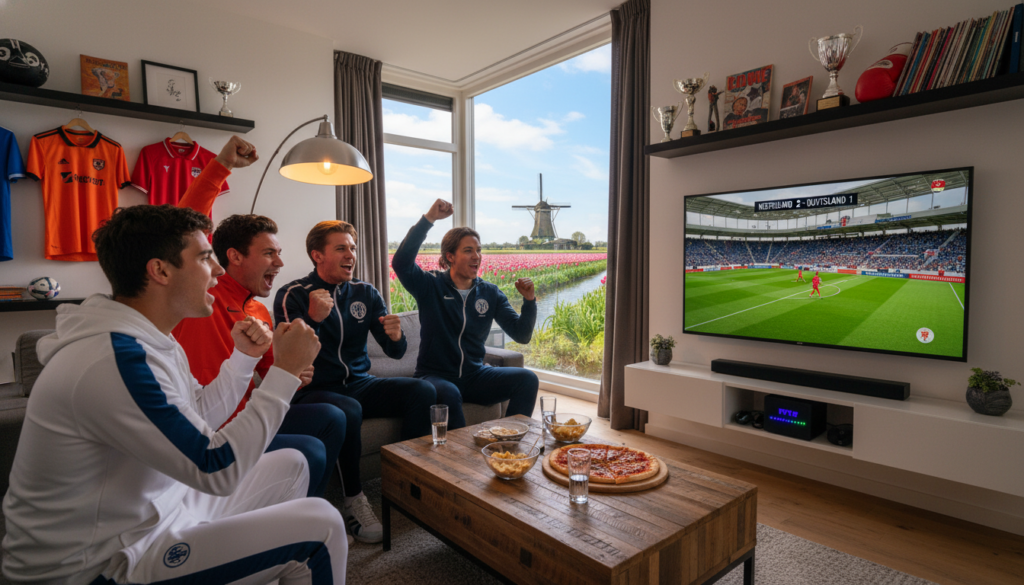 A vibrant and dynamic scene illustrating IPTV in the Netherlands for sports enthusiasts. In the foreground, a diverse group of four friends, dressed in comfortable sports attire, excitedly watching a live sports event on a sleek modern TV. The middle ground captures a stylish living room with sports memorabilia, colorful jerseys, and tech gadgets, emphasizing a cozy yet energetic atmosphere. In the background, a large window reveals a scenic Dutch landscape under a bright, clear sky. The lighting is warm and inviting, casting soft shadows to enhance the cozy environment. The composition is captured from a slightly elevated angle, creating a sense of immersion and interaction, highlighting the joy of community viewing. A vibrant and dynamic scene illustrating IPTV in the Netherlands for sports enthusiasts. In the foreground, a diverse group of four friends, dressed in comfortable sports attire, excitedly watching a live sports event on a sleek modern TV. The middle ground captures a stylish living room with sports memorabilia, colorful jerseys, and tech gadgets, emphasizing a cozy yet energetic atmosphere. In the background, a large window reveals a scenic Dutch landscape under a bright, clear sky. The lighting is warm and inviting, casting soft shadows to enhance the cozy environment. The composition is captured from a slightly elevated angle, creating a sense of immersion and interaction, highlighting the joy of community viewing.