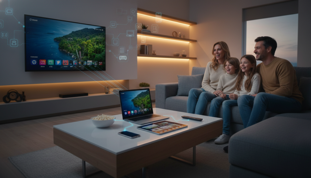 A visually engaging scene showcasing the concept of device compatibility and streaming quality for Nero IPTV. In the foreground, depict a sleek modern living room with a large smart TV displaying vibrant streaming content, hinting at high definition clarity. Include a variety of devices like a smartphone, tablet, and laptop on a stylish coffee table, all connected wirelessly. The middle layer features a family comfortably seated on a contemporary couch, dressed in casual attire, enjoying their entertainment. In the background, soft, warm ambient lighting creates a cozy atmosphere, with subtle accents of digital icons representing different devices connected seamlessly. Capture the essence of modern technology and a premium streaming experience, emphasizing quality and compatibility without any text or distractions. A visually engaging scene showcasing the concept of device compatibility and streaming quality for Nero IPTV. In the foreground, depict a sleek modern living room with a large smart TV displaying vibrant streaming content, hinting at high definition clarity. Include a variety of devices like a smartphone, tablet, and laptop on a stylish coffee table, all connected wirelessly. The middle layer features a family comfortably seated on a contemporary couch, dressed in casual attire, enjoying their entertainment. In the background, soft, warm ambient lighting creates a cozy atmosphere, with subtle accents of digital icons representing different devices connected seamlessly. Capture the essence of modern technology and a premium streaming experience, emphasizing quality and compatibility without any text or distractions.