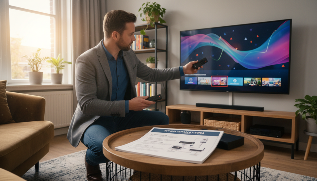 A well-organized and informative SET IPTV installation guide set in a cozy Dutch living room in 2026. In the foreground, a professional-looking technician in business casual attire is demonstrating the installation of an IPTV system, with modern equipment like a sleek set-top box and remote control. In the middle, a detailed step-by-step installation manual is sprawled open on a stylish coffee table, showing diagrams and connection instructions. The background features a contemporary home setup, with a large flat-screen TV displaying vibrant streaming content, and a window letting in soft, warm natural light. The atmosphere is focused and instructive, evoking a sense of ease and accessibility in technology installation. A well-organized and informative SET IPTV installation guide set in a cozy Dutch living room in 2026. In the foreground, a professional-looking technician in business casual attire is demonstrating the installation of an IPTV system, with modern equipment like a sleek set-top box and remote control. In the middle, a detailed step-by-step installation manual is sprawled open on a stylish coffee table, showing diagrams and connection instructions. The background features a contemporary home setup, with a large flat-screen TV displaying vibrant streaming content, and a window letting in soft, warm natural light. The atmosphere is focused and instructive, evoking a sense of ease and accessibility in technology installation.