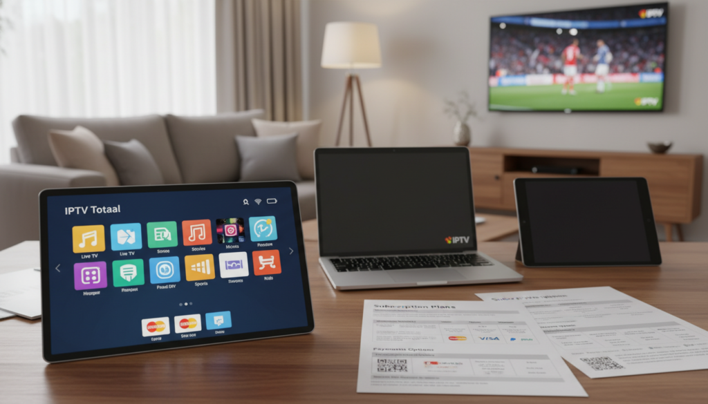 An informative and visually engaging scene showcasing IPTV subscriptions and payment options. In the foreground, a modern digital device displaying the IPTV Totaal interface, with vibrant icons representing various channels and packages. In the middle, a sleek tablet and a laptop are arranged on a stylish wooden desk, surrounded by documents detailing subscription plans, prices, and features. In the background, a cozy home setting with soft, warm lighting creates a welcoming atmosphere. A blurred view of a comfortable couch with a television displaying IPTV content adds context. The mood is optimistic and tech-savvy, emphasizing convenience and modernity. The image should be bright and well-lit, capturing the essence of affordable streaming entertainment without any text or distractions. An informative and visually engaging scene showcasing IPTV subscriptions and payment options. In the foreground, a modern digital device displaying the IPTV Totaal interface, with vibrant icons representing various channels and packages. In the middle, a sleek tablet and a laptop are arranged on a stylish wooden desk, surrounded by documents detailing subscription plans, prices, and features. In the background, a cozy home setting with soft, warm lighting creates a welcoming atmosphere. A blurred view of a comfortable couch with a television displaying IPTV content adds context. The mood is optimistic and tech-savvy, emphasizing convenience and modernity. The image should be bright and well-lit, capturing the essence of affordable streaming entertainment without any text or distractions.